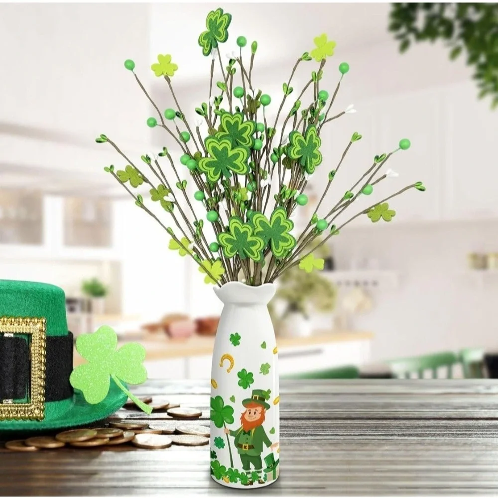 St Patricks Day Decorations Faux Shamrock Floral Picks in  Ceramic Vase Leprech